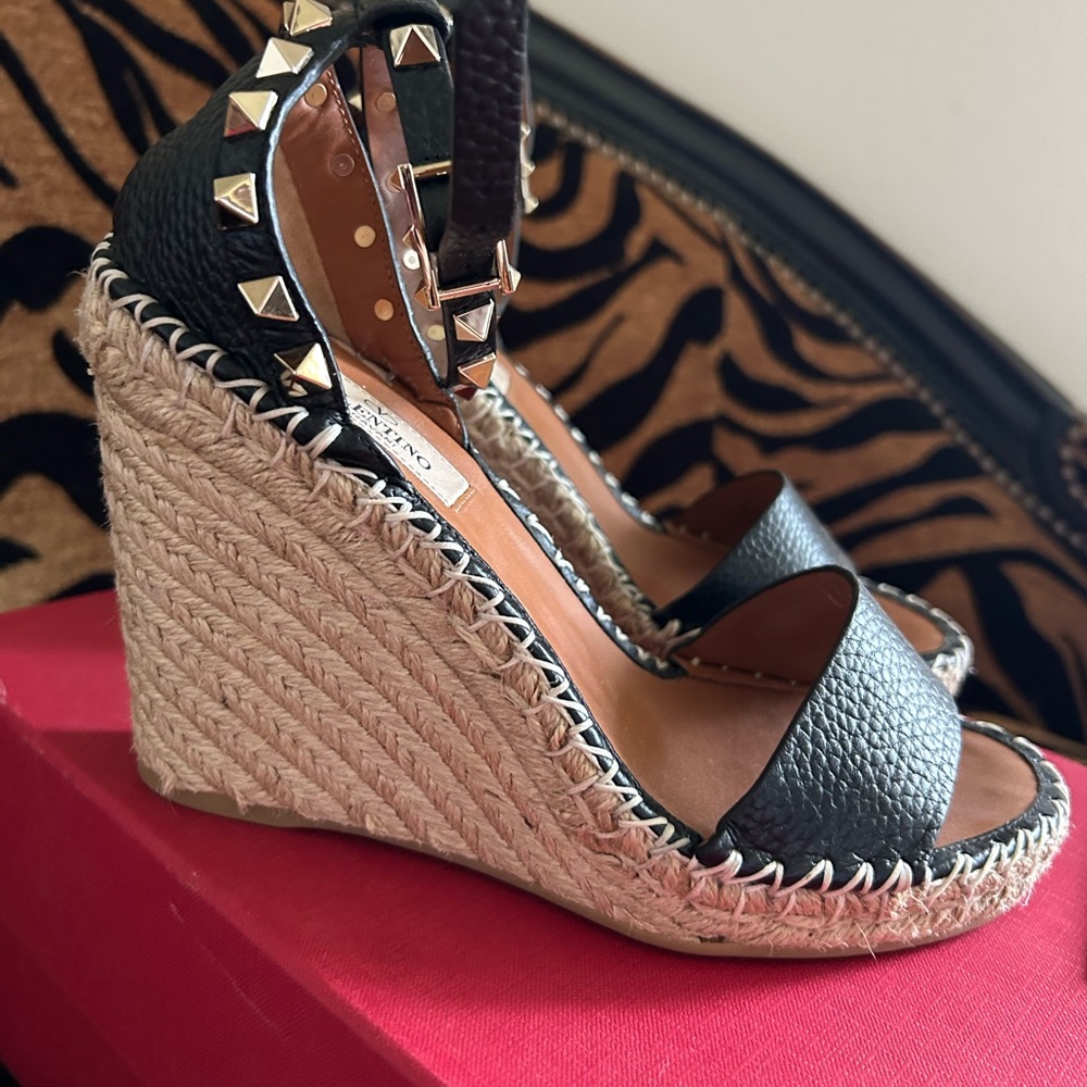 Valentino Black Leather Studded Espadrille Wedge Sandals